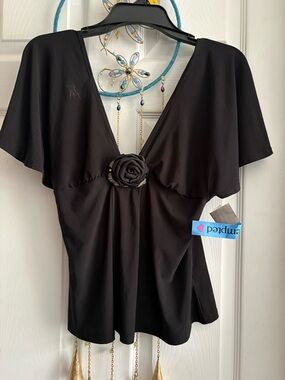 Tempted Black V-Neck Rosette Accent Blouse